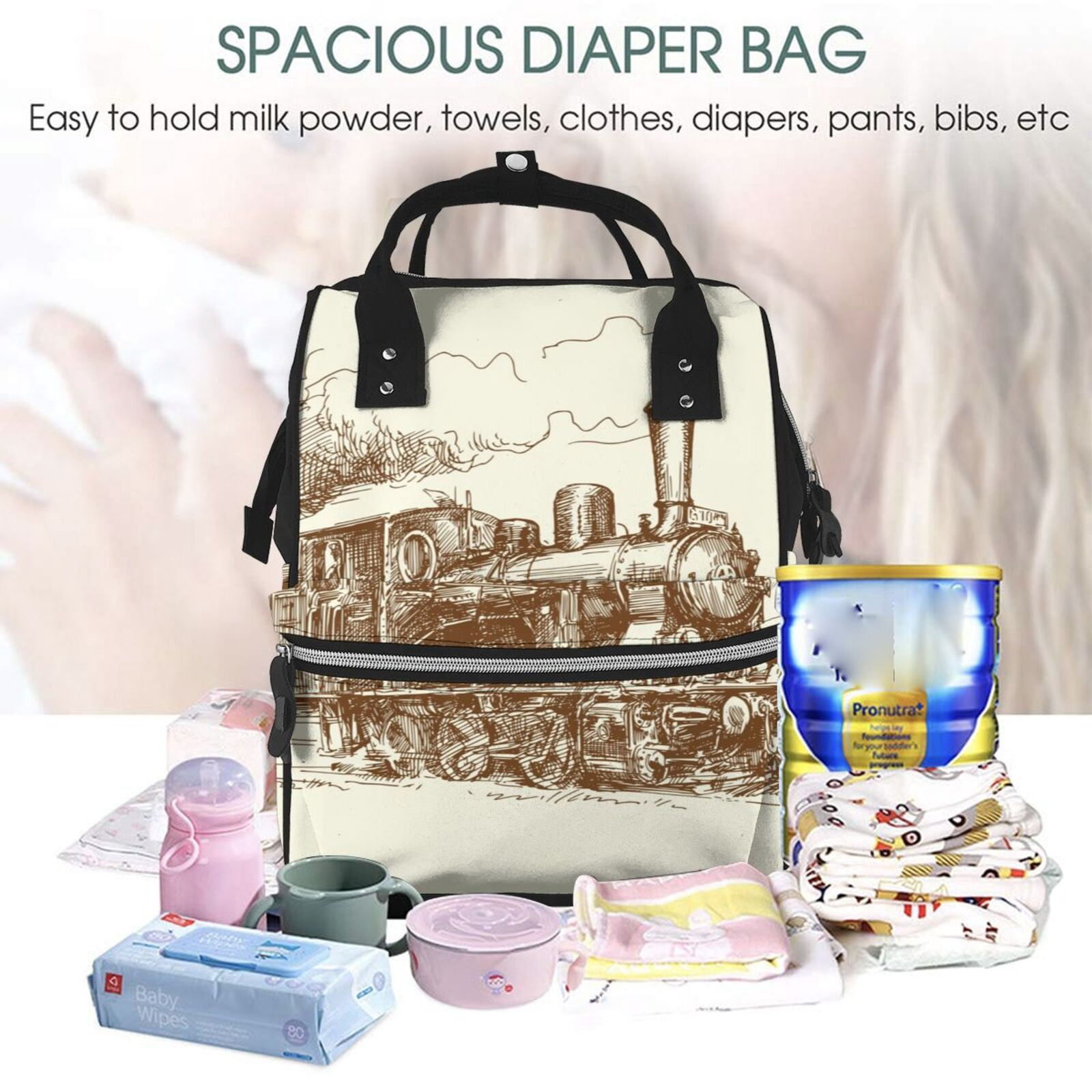 Ratiio Train Mummy Backpack - Waterproof Twill Canvas, Large Capacity Diaper Bag with Multiple Pockets and Adjustable Straps