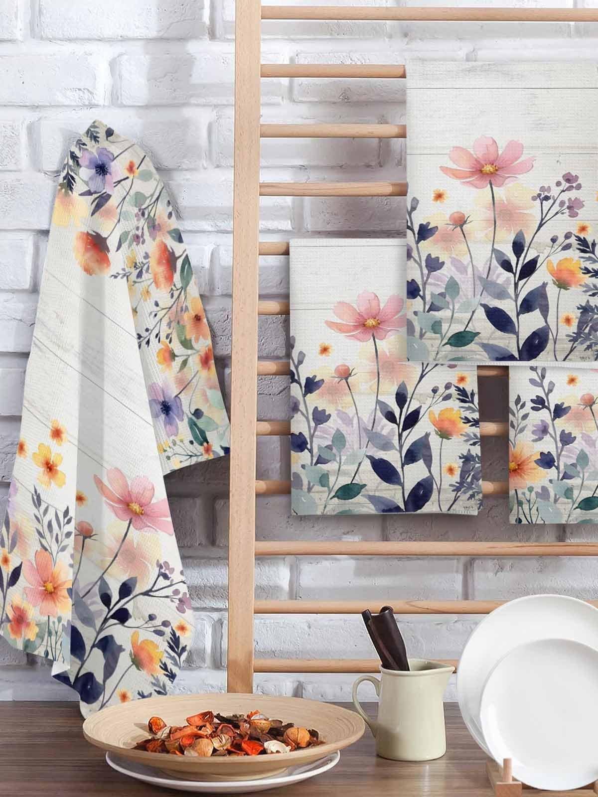 Pink Spring Floral Kitchen Dish Towels for Drying Dishes Set of 4, Elegant Flowers Farmhouse Botanical Wooden Waffle Weave Microfiber Hand Tea Bathroom Towels Quick Dry & Absorbent Towel 15.7x23.6