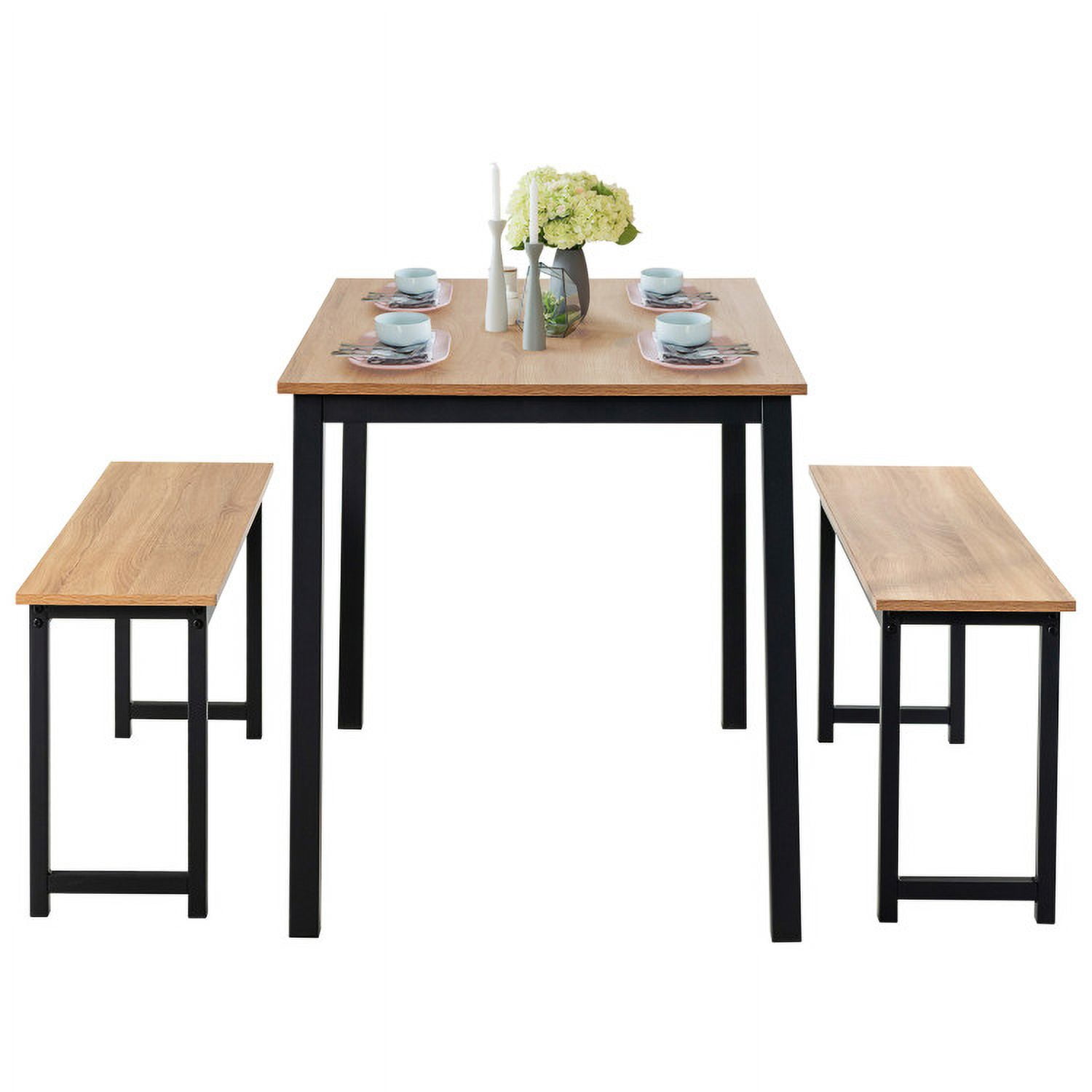 Finihen Dining Set, Dining Table Set, 3 Pieces Dining Table Set with 2 Benches for Dining Room Kitchen Bar, Natural