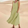 thumbnail image 2 of CHOK Robe en Coton et Lin Couleur Unie 2024 pour Femmes Col en U Sans Manches Décontractée avec Poches Bleu P, 2 of 7