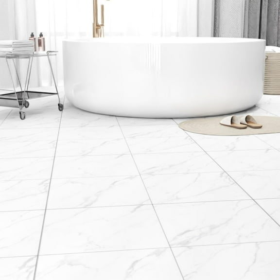 40-Pack 40 Sq.Ft Peel and Stick Floor Tiles Vinyl Matte Pattern Flooring, 12” x 12” Self Adhesive Vinyl Flooring DIY for Kitchen, Bathroom, Laundry, White Terrazzo Marble