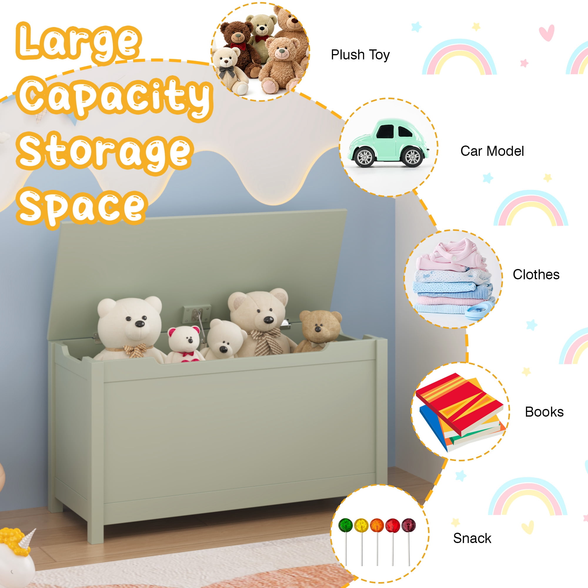 Leumius Kids Wooden Toy Box Storage Organizer with Safety Hinged Lid,Modern Toy Chest for Nursery,Playroom,Sage