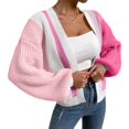 thumbnail image 3 of Women'S Color Block Open Front Long Sleeve Ribbed Knit Cropped Cardigan Sweaters Rose Red XXL, 3 of 5