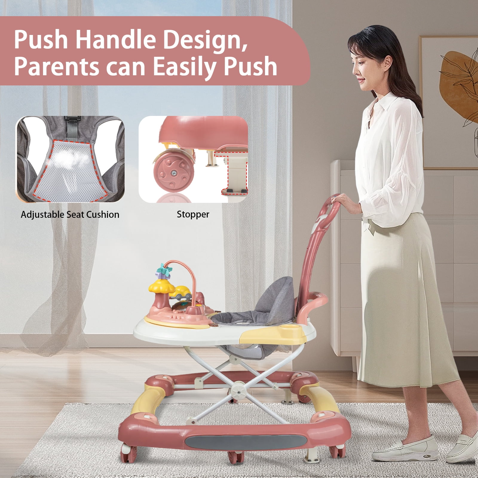OUYI Foldable Baby Walker for Newborn & Toddler Safe - Sunshade, Foldable for Portability, Pink