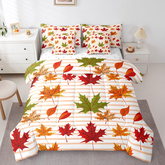 Fall Leaves Bed in a Bag King Size Comforter Set 7 Pieces,Maple Leaf Bedding Set,Autumn Plant Sheet Set with Comforter Watercolor Botanical Bed Set,Farmhouse Fall Decorations for Home