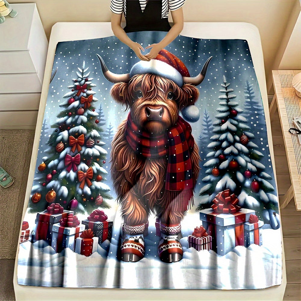 Cozy Christmas Highland Cow Flannel Throw Blanket - Soft, Reversible, 100% Polyester Non-Woven, Digital Print, All-Season, Contemporary Home Decor with Santa Hat Design
