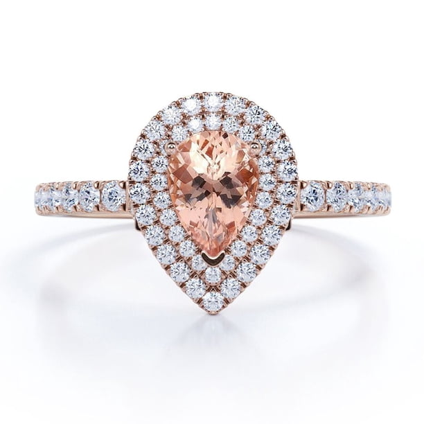 JeenMata Anillo de Compromiso de 1,5 Quilates con Morganita y Moissanita Creadas en Laboratorio, Diseño Pavé, Halo Doble, Baño de Oro Rosa de 18 K sobre Plata