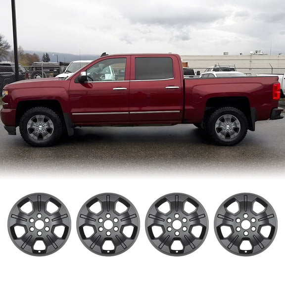 4 Pack 18 inch Hubcaps for 2014-2019 Chevy Silverado 1500 Wheel Rims Cover, Snap-On Installation, ABS PC Material, Replacement for 20937771, Matte Black