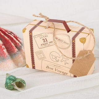 Crtiin 200 Pcs 4.3 x 2.4 x 2.4 Inch Travel Kraft Paper Candy Box Vintage  Mini Suitcase Favor Box Rustic Square Mini Luggage Gift Box for Sweets  Party