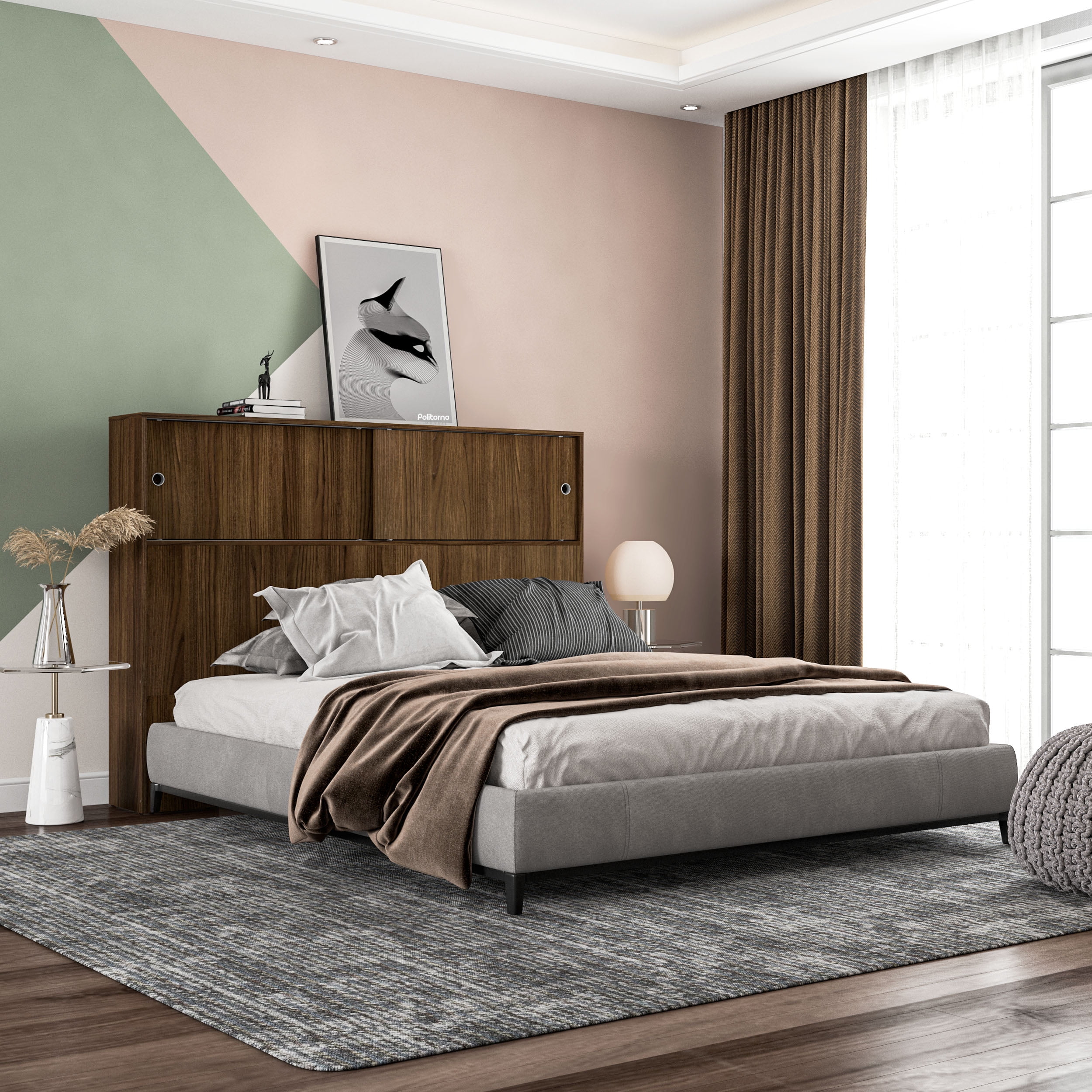 Polifurniture Victoria Queen Size Wood Storage Headboard, Walnut