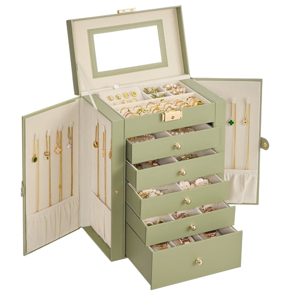 SONGMICS 6-Layer Jewelry Box Organizer with 5 Drawers, Jewelry Storage Case with Lock and Mirror, Large Storage Capacity, Gift for Loved Ones, for Necklaces, Watches, Sage Green