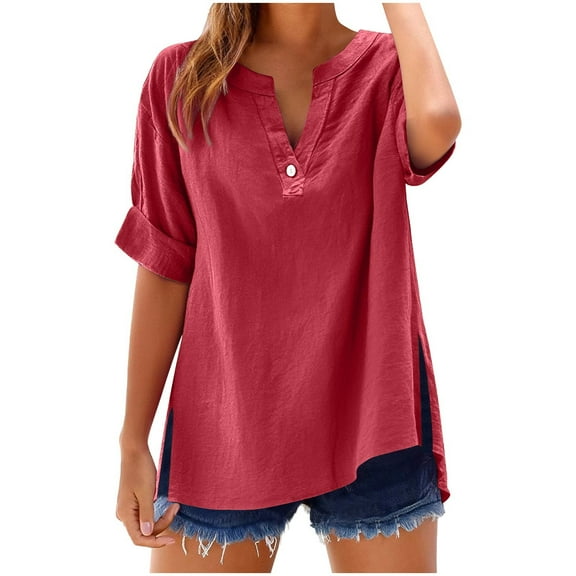 Mittory Linen Tops for Women Summer Work Shirts Trendy Button Down Plus Size V Neck Boho Clothes Spring Tops