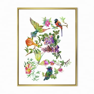 Designart 'Colourful Birds and Tropical Flowers II' Traditional Framed Canvas Wall Art Print