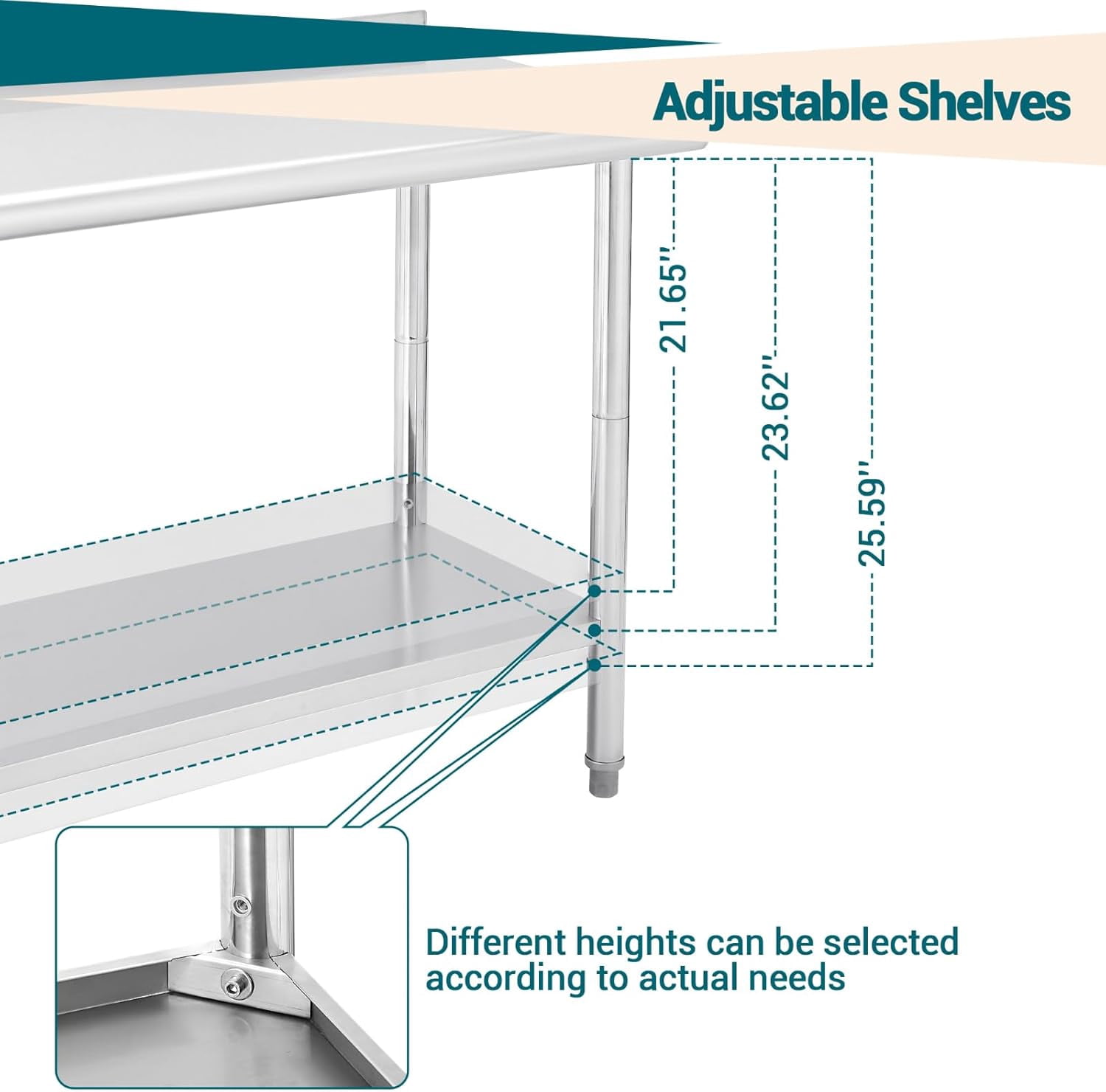 Tuekys Stainless Steel Table with Hooks,Metal Prep Table with Backsplash & Adjustable Undershelf,Curved Edge,Heavy Duty Food Prep Worktable for Home