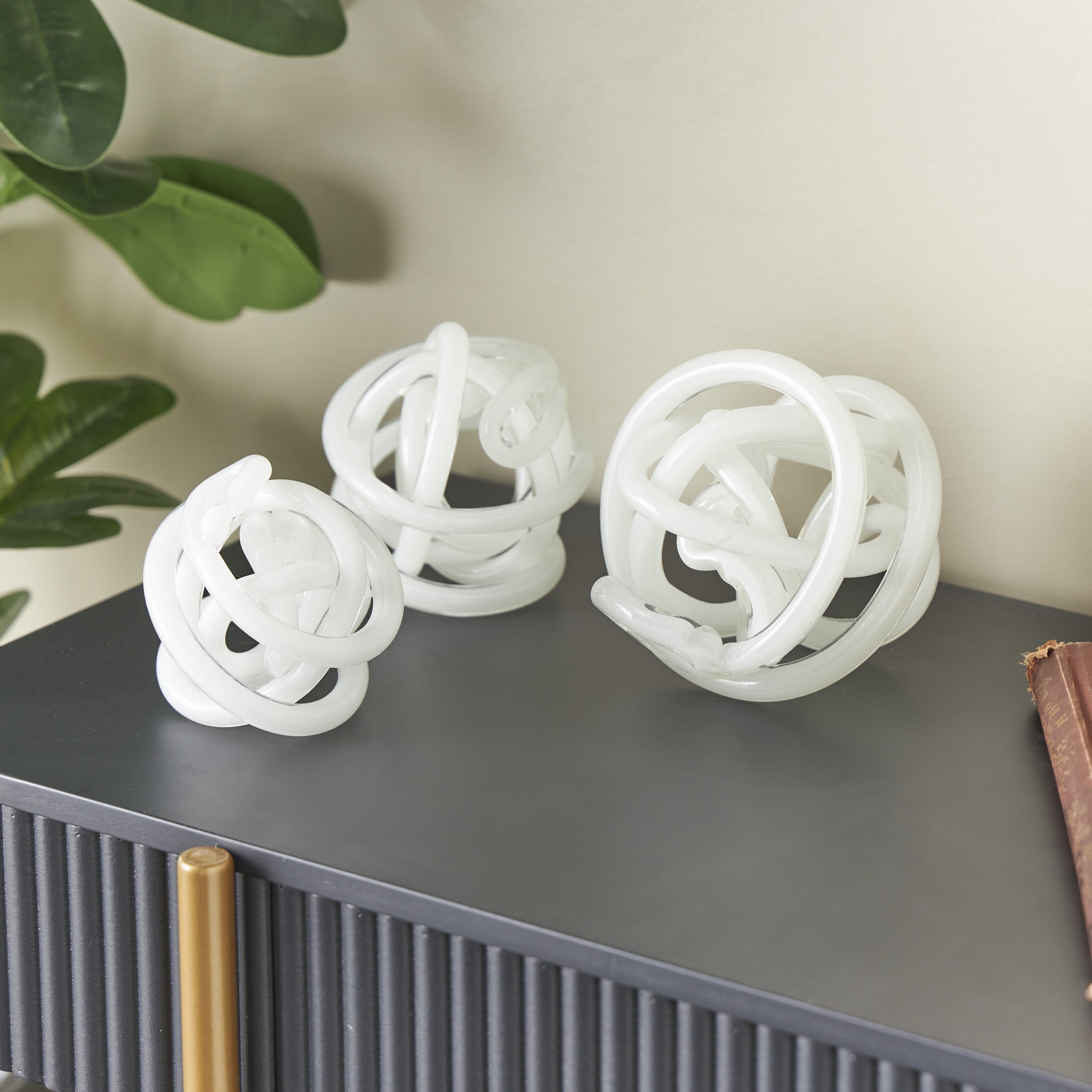 5", 4", 4"W White Glass Handmade Iridescent Knotted Ball Abstract Sculpture, by DecMode (3 Count)