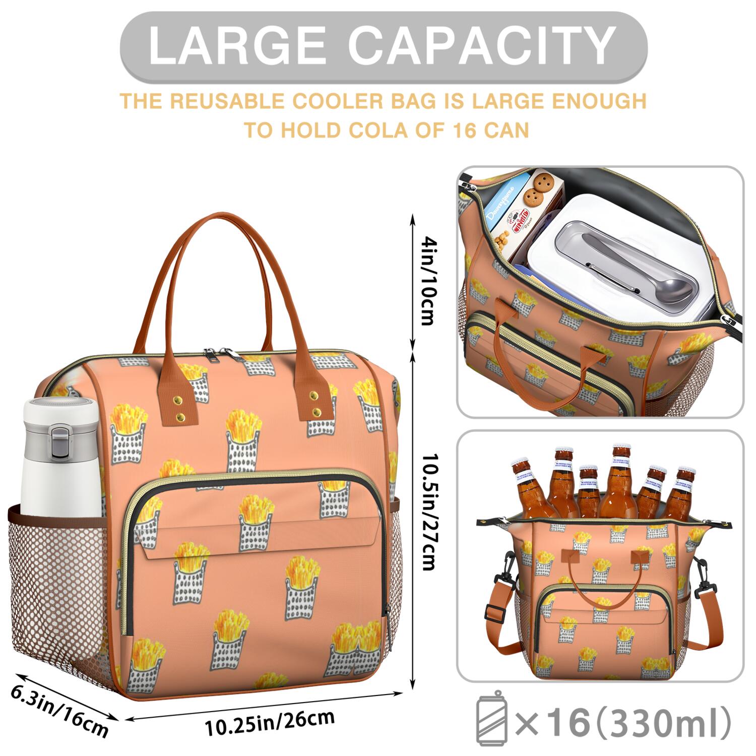 Large Insulated Tote Bag for French Fries Lovers - Leakproof Cooler Bag with Multi-Pocket Design for Potato Fries, Crispy Fries & Snacks - Waterproof Thermal Lunch Tote for Office, Travel & Outdoor