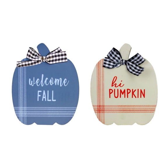 Northlight Fall Harvest Wooden "Hi Pumpkin" and "Welcome Fall" Plaques with Bow - 8" - Set of 2