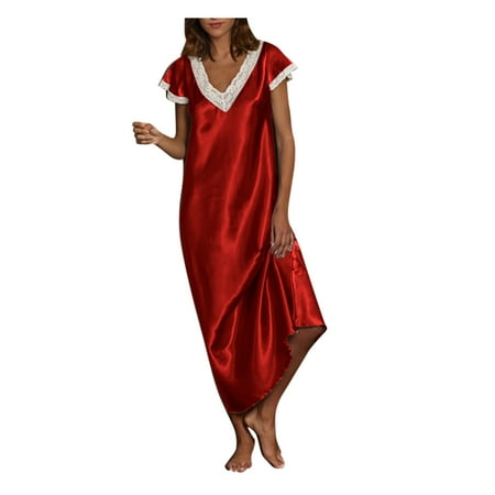 

AOOCHASLIY Summer Dresses for Women Clearance Womens Short Sleeve V Neck Homewear Pajamas Long Dress Nightgowns Sleepwear