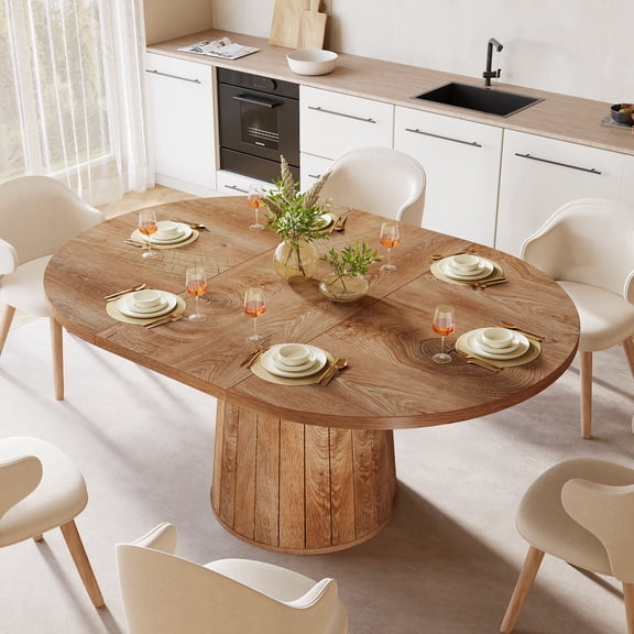 Tribesigns Oval Dining Table for 6 People, 55.11-Inch Farmhouse Kitchen Dinner Table with Cylindrical Pedestal (Brown)