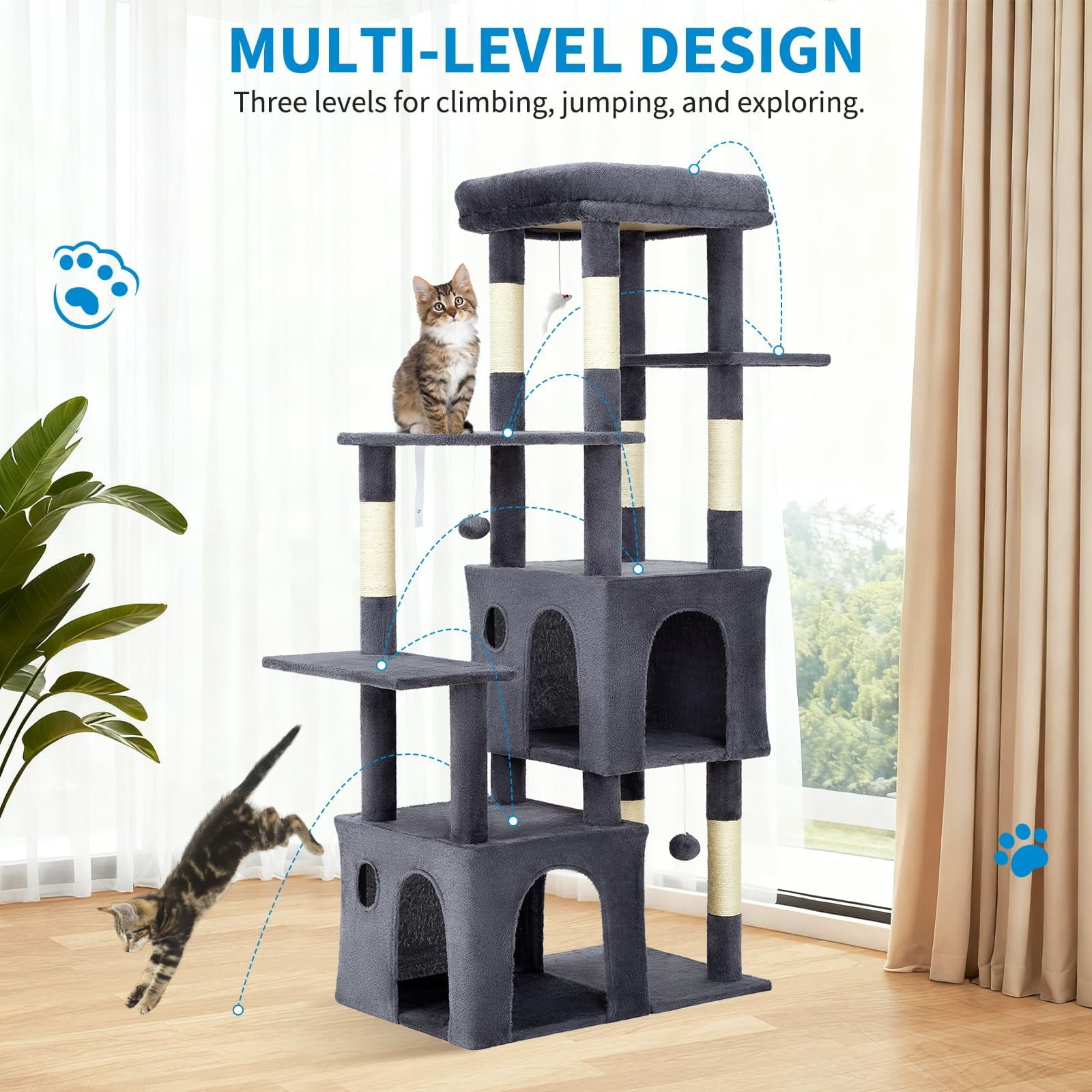 61 Inch Cat Tree for Large Cats, Heavy-Duty Cat Tower with Extra Large Perch & 2 Condos, Multi-Level Cat Furniture for Maine Coon & Adult Cats, Sisal Scratching Posts with Toys (Dark Gray)