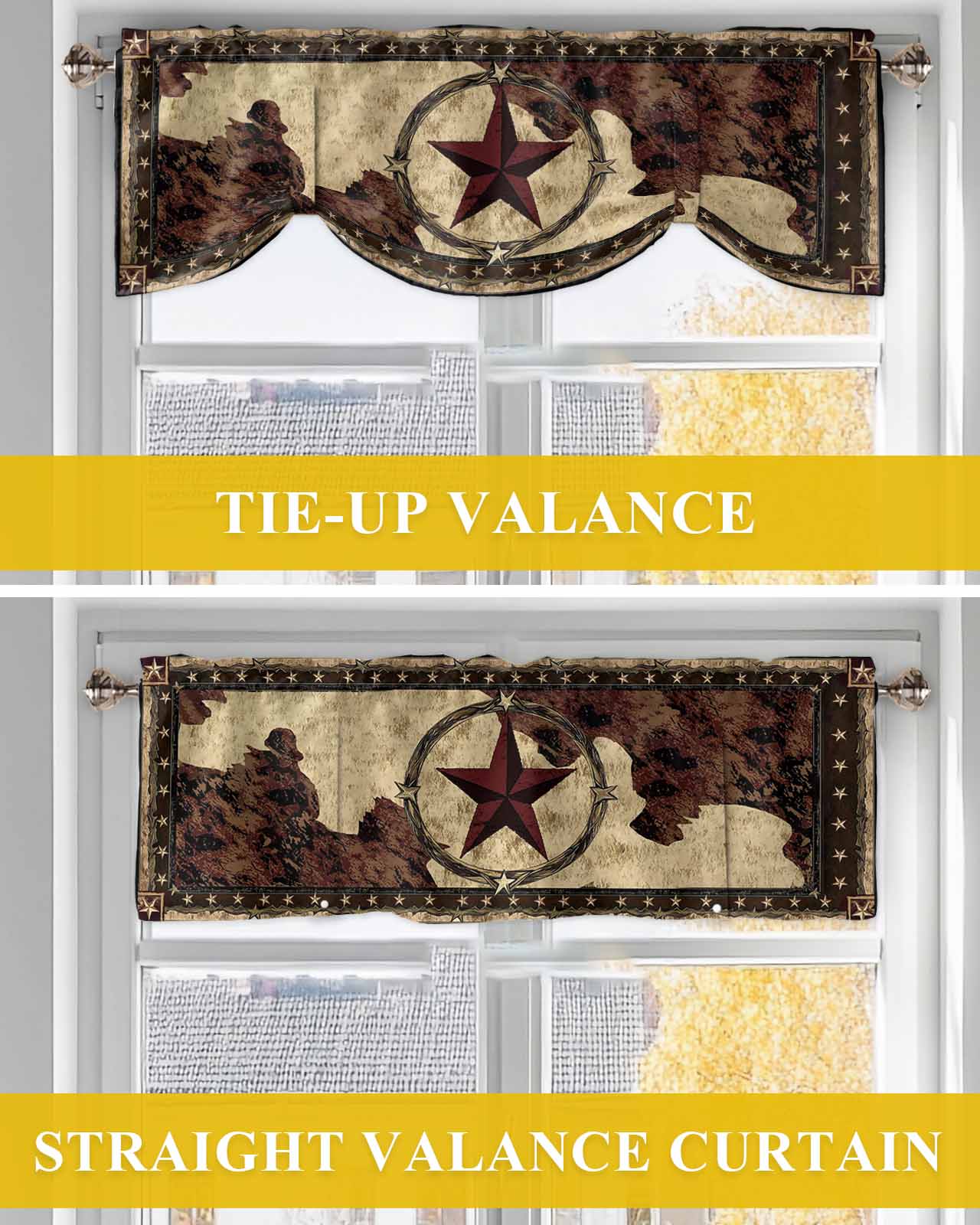 Western Texas Star Tie Up Valances Curtain, Adjustable Kitchen Brown Rustic Village Retro Red Stars Wood Grain Valances for Windows Decor, Rod Pocket Short Curtains Set for Bedroom/Bathroom, 60"x18"