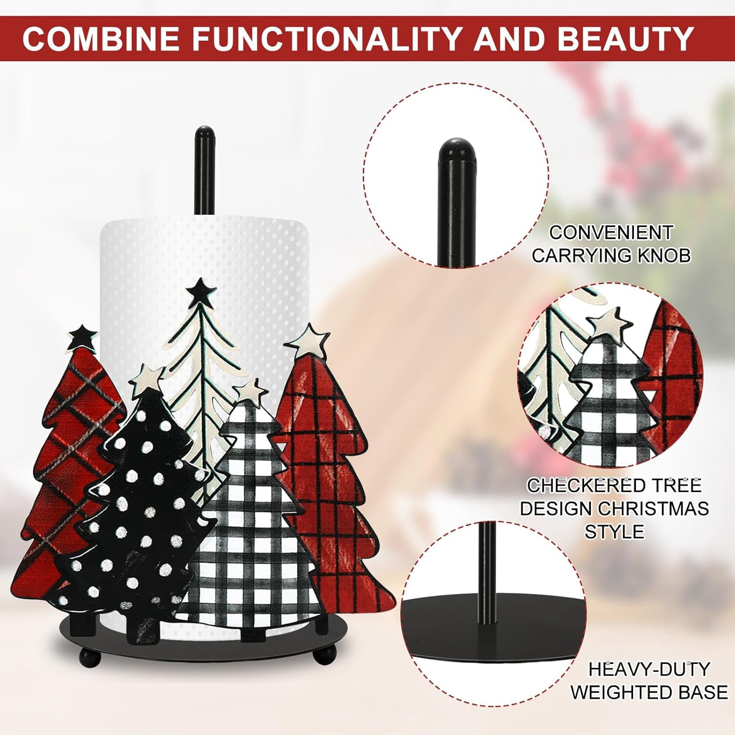 BAN Christmas Paper Towel Holder Waterclor Buffalo Plaid Xmas Tree Kitchen Decor Accessories Large Metal Towel Holder Stand for Winter Home Bathroom Countertop