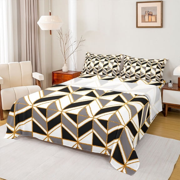 Homewish Geometric Stripes 3pcs Twin Sheet Sets for Female Men Women,Retro Minimalist Twin Fitted Sheet,Vintage Aesthetic Breathable Flat Sheet,Microfiber Bedroom Decor