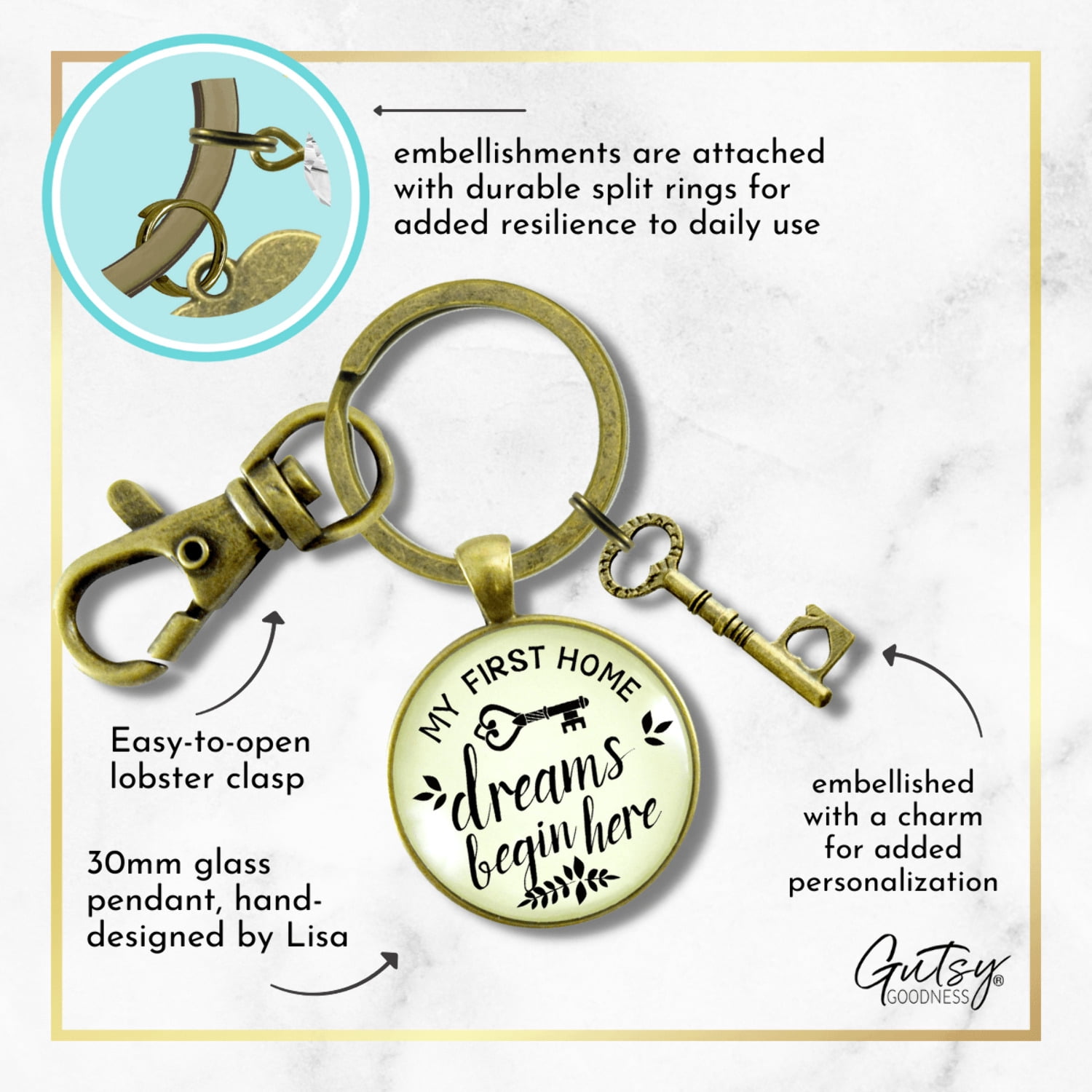 My First Home Gutsy Goodness Bronze Keychain Dreams Begin Here Homeowner Home Buyers Gift