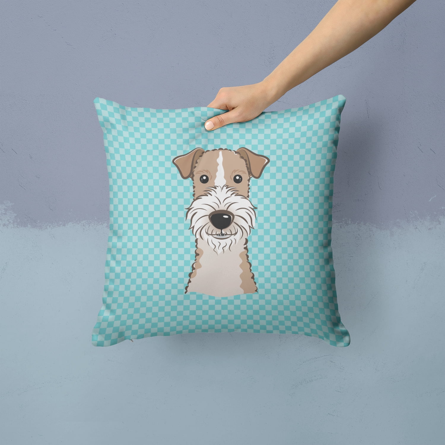 Caroline's Treasures BB1185PW1414 Checkerboard Blue Wire Haired Fox Terrier Canvas Fabric Decorative Pillow , 14Hx14W,