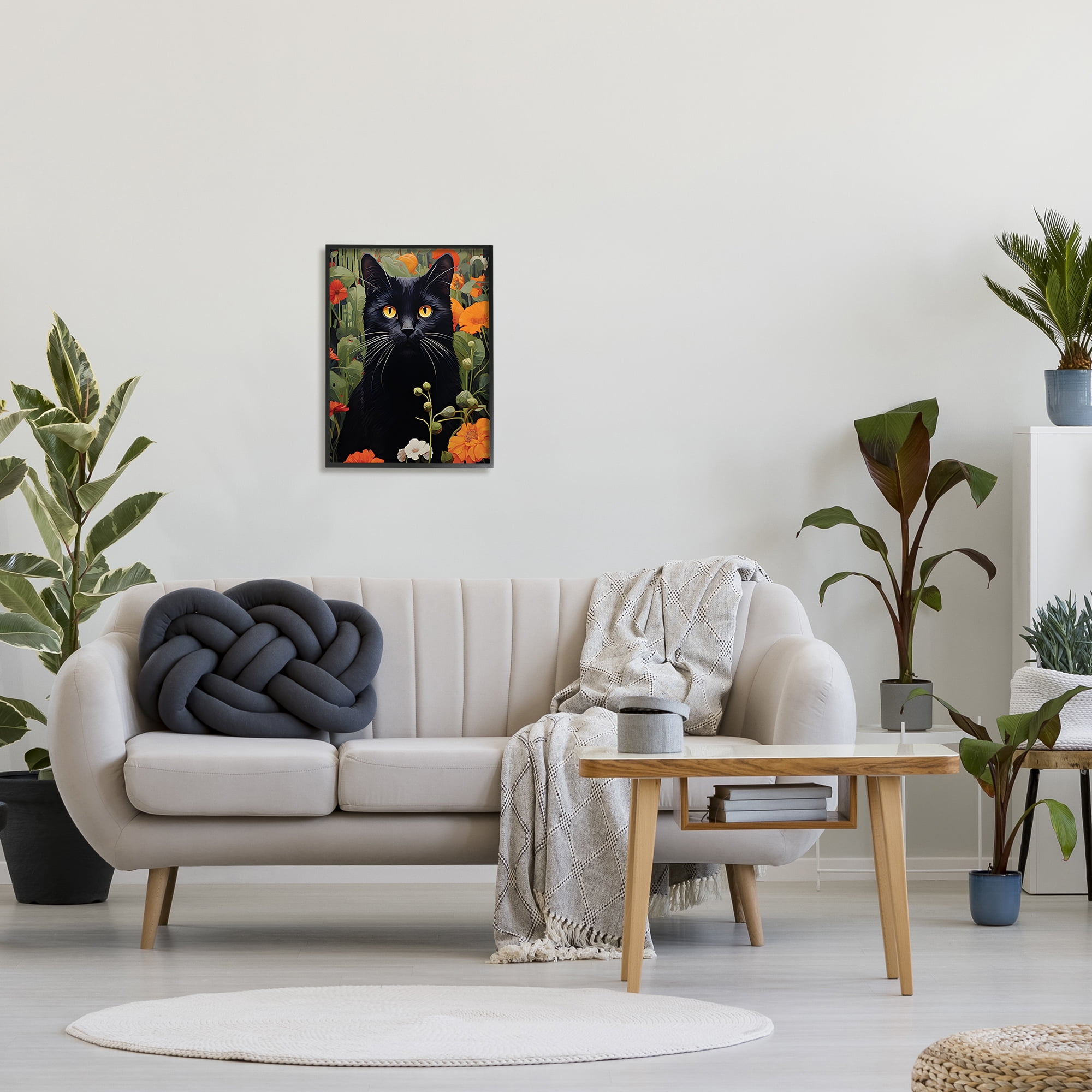 Stupell Industries Black Cat Garden Flowers Animals & Insects Painting Black Framed Art Print Wall Art, 16 x 20