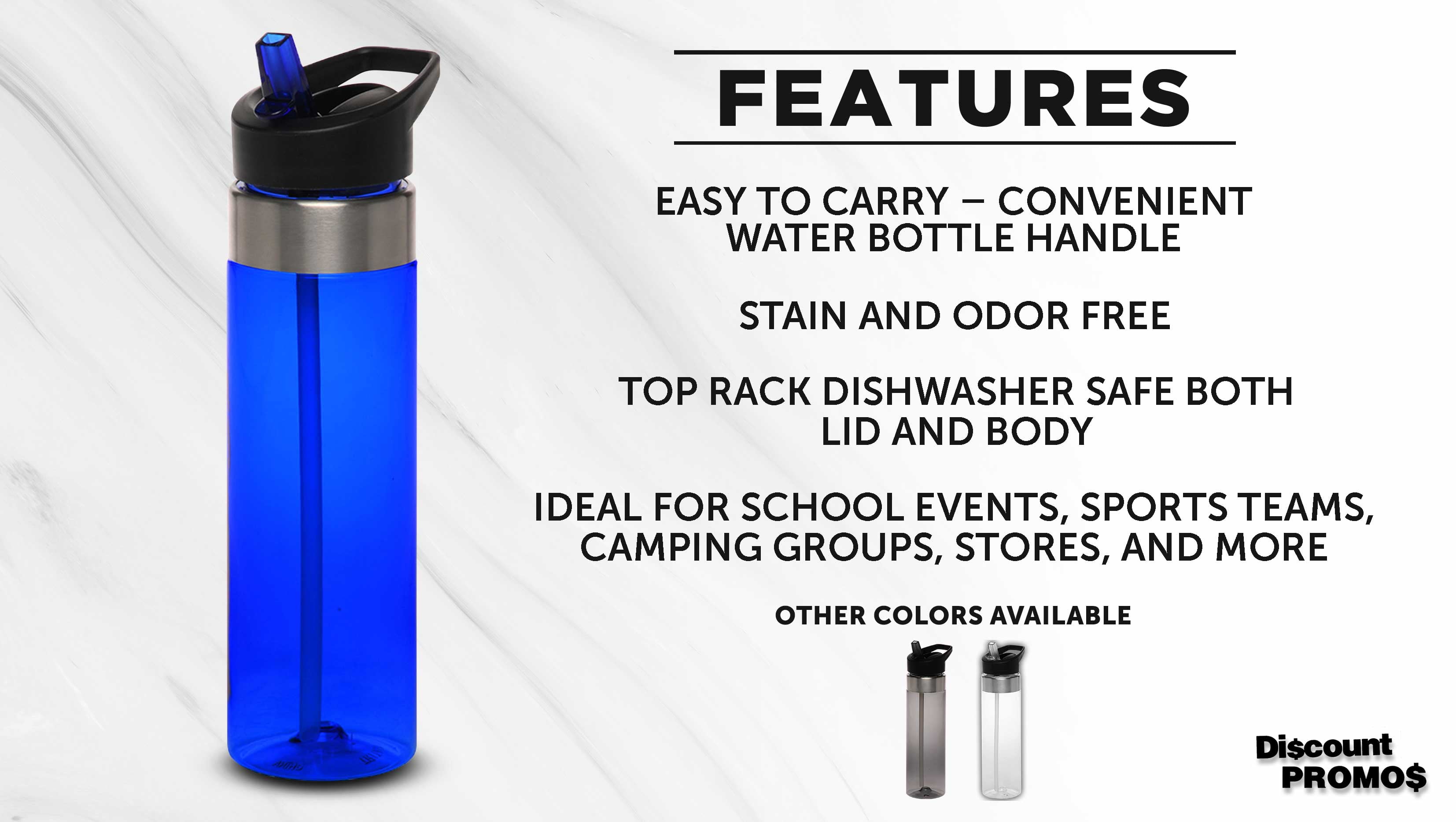 Plastic Water Bottle 24 oz with Inside Straw - BPA Free, Screw-On Cap, Flip Top Nozzle Mechanism - Slim Translucent Body - Eastman Tritan Copolyester - Blue - 10 Pack