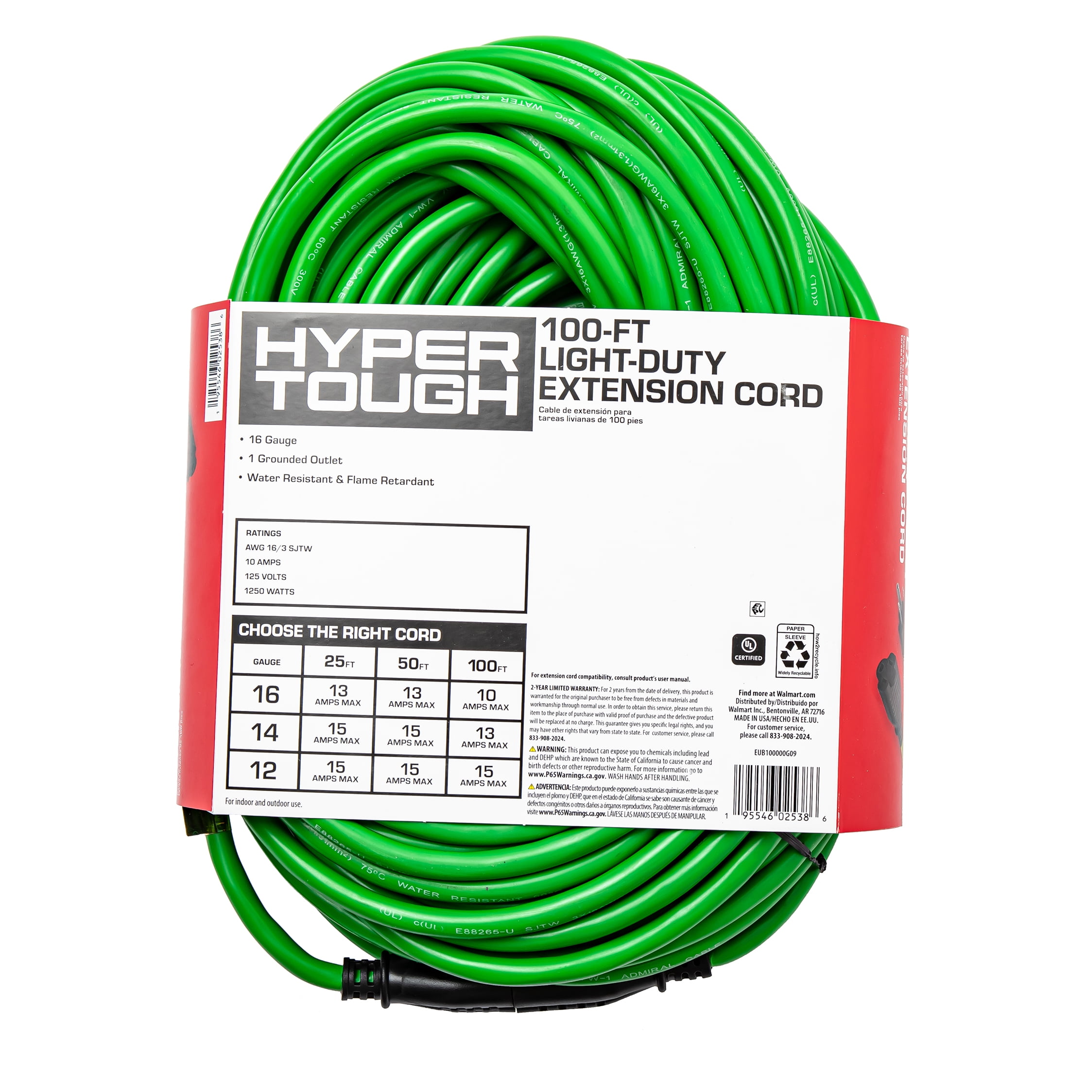 Hyper Tough 16AWGX3C 100ft Indoor and Outdoor Light Duty High Visibility Green Vinyl Extension Cord