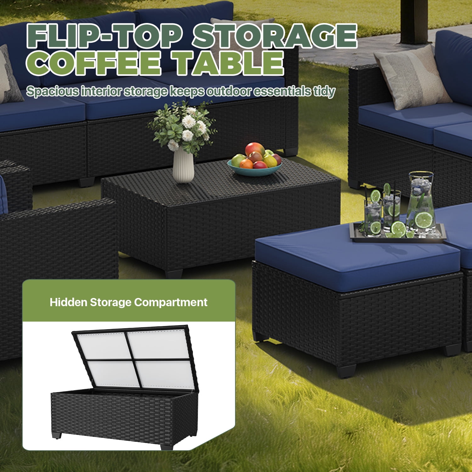 BaPiPro 7-Piece Blue PE Rattan Outdoor Sectional Sofa Set, Patio Furniture with Storage Table, Convertible Ottomans & Weather Resistant Cushions for Backyard & Poolside