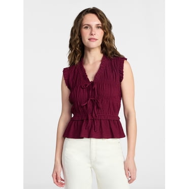 Time and Tru Women's Textured Tie Front Top, Sizes XS-XXXL