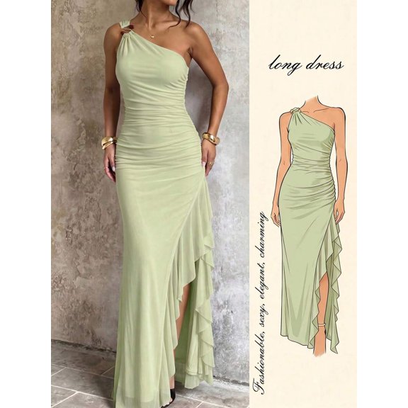 Green One Shoulder Long Dress, Asymmetric Ruffle Hem With High Slit &