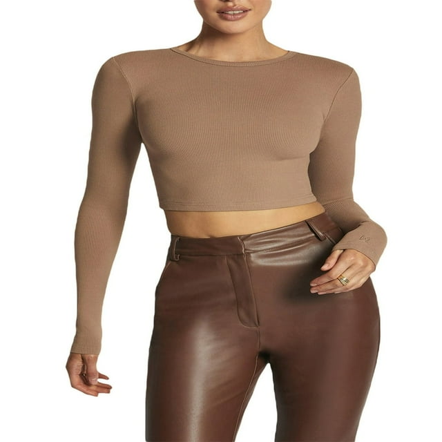 PENGXIANG Femmes Manches Longues Crop Tops Col Rond Slim Fit Tops Exposés Bas de Nombril Chemises