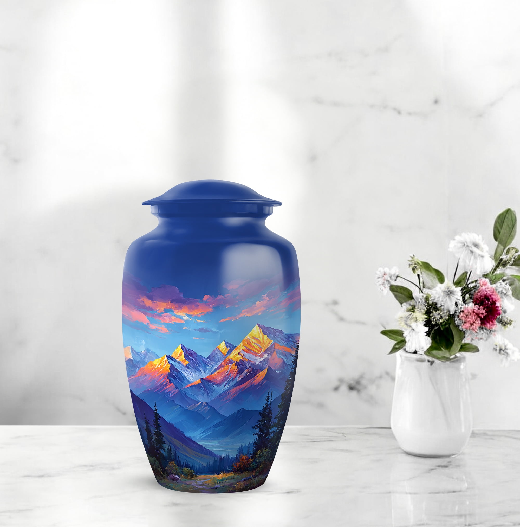 Mountain Funeral Cremation Urn For Adult Female - Blue Urns For Human Ashes For Burial - Large Decorative Urn For Human Ashes For Man And Woman 10 Inch - Adult Urns For Men & Woman