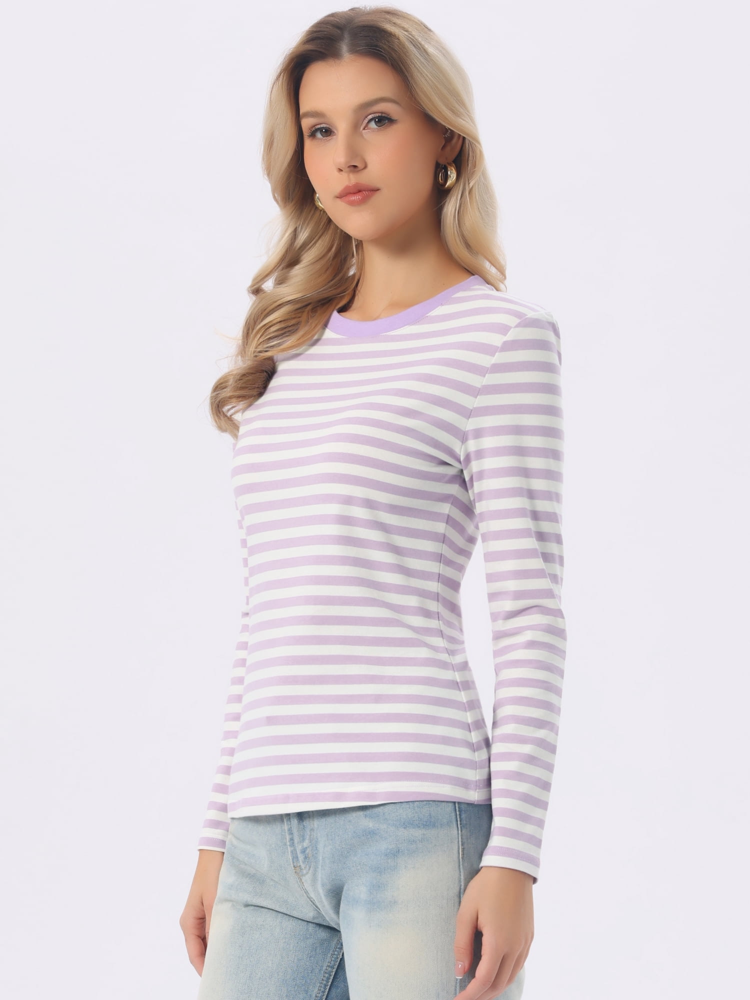 DARING DIVA Women's Striped Long Sleeve Cotton Crew Neck Tees XS Light Purple Stripe
