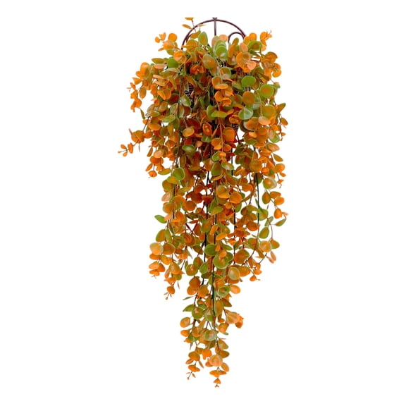 32 Inch Artificial Fall Hanging Teardrop Swag with Faux Orange Green Eucalyptus Leaves Vine for Front Door Porch Wall Autumn Harvest Home Decor