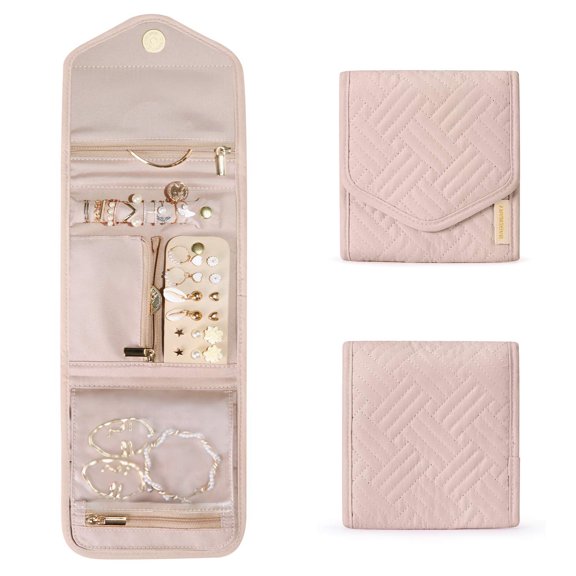 Travel Jewelry Organizer Case,Foldable jewelry storage bag,for Journey Rings, Necklaces, Earrings, Bracelets,Mini,Soft Pink