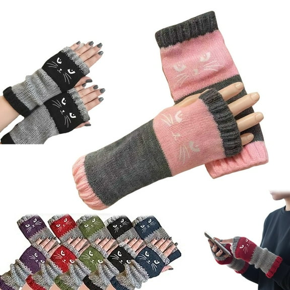Cat Gloves Women's Knitted Fingerless Gloves with Cute Cat Embroidery Warm Knit Fashion Leaky Finger Casual Cozy Gift
