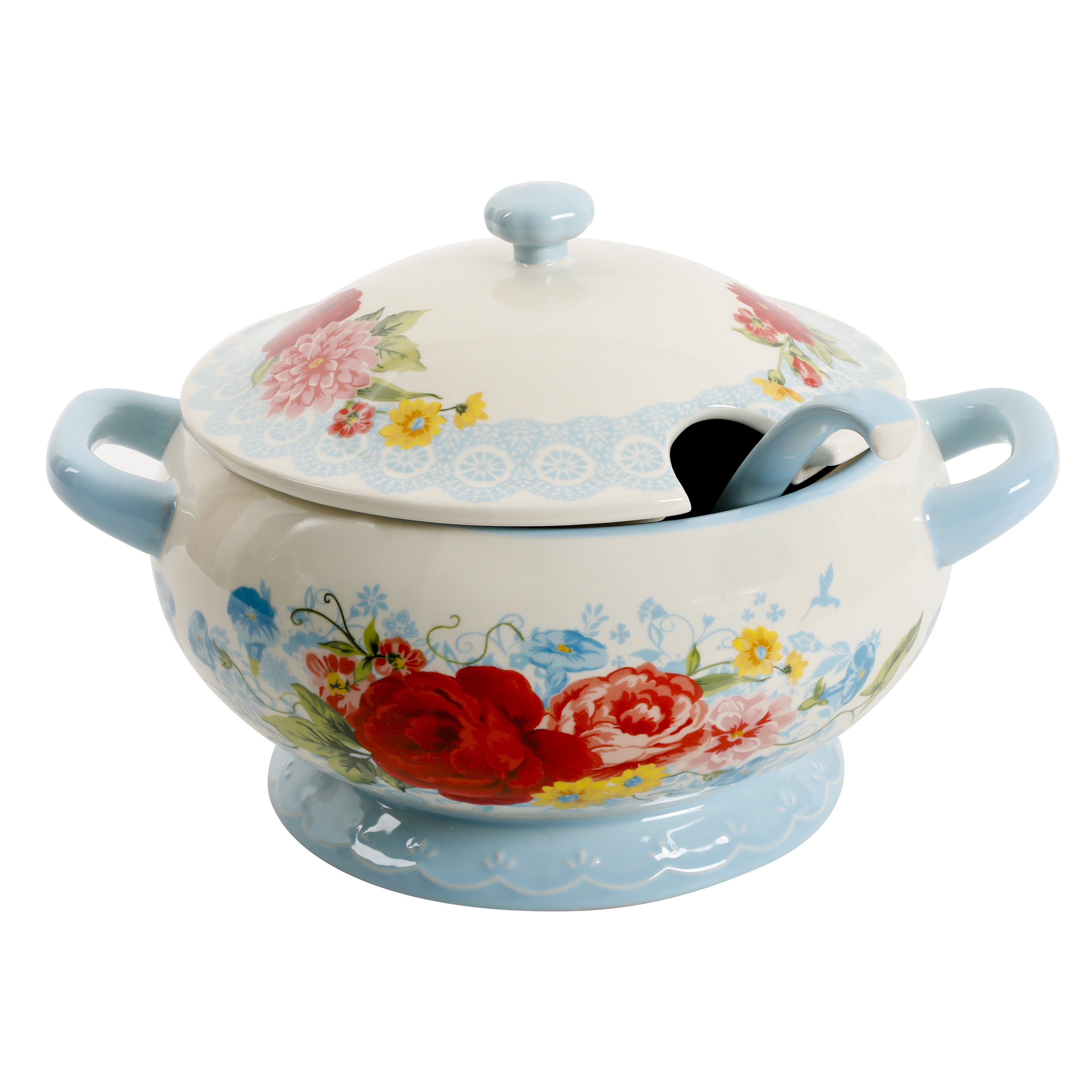 The Pioneer Woman Sweet Rose Turquoise Blue Ceramic 3.17-Quart Soup Tureen with Ladle