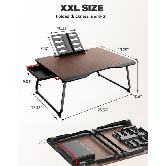 Bed Laptop Desk – XX-Large Foldable Tray Table with Drawer, Handrest, Book & Tablet Stand, Best Deal, Ideal for Breakfast, Work, Drawing, Gaming, or Home Office