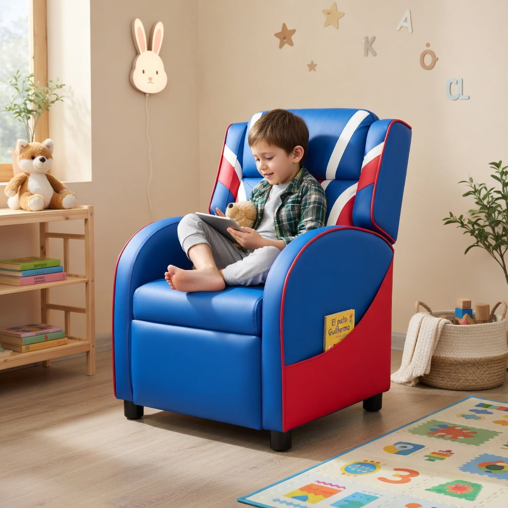 Barara King Kids PU Leather Recliner Chair with Side Pockets, Kids Gaming Sofa Recliner Chair for Living Room, Bedroom, Blue