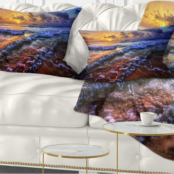 Designart Sunset over Blue Tinged Waves - Seashore Photo Throw Pillow - 12x20