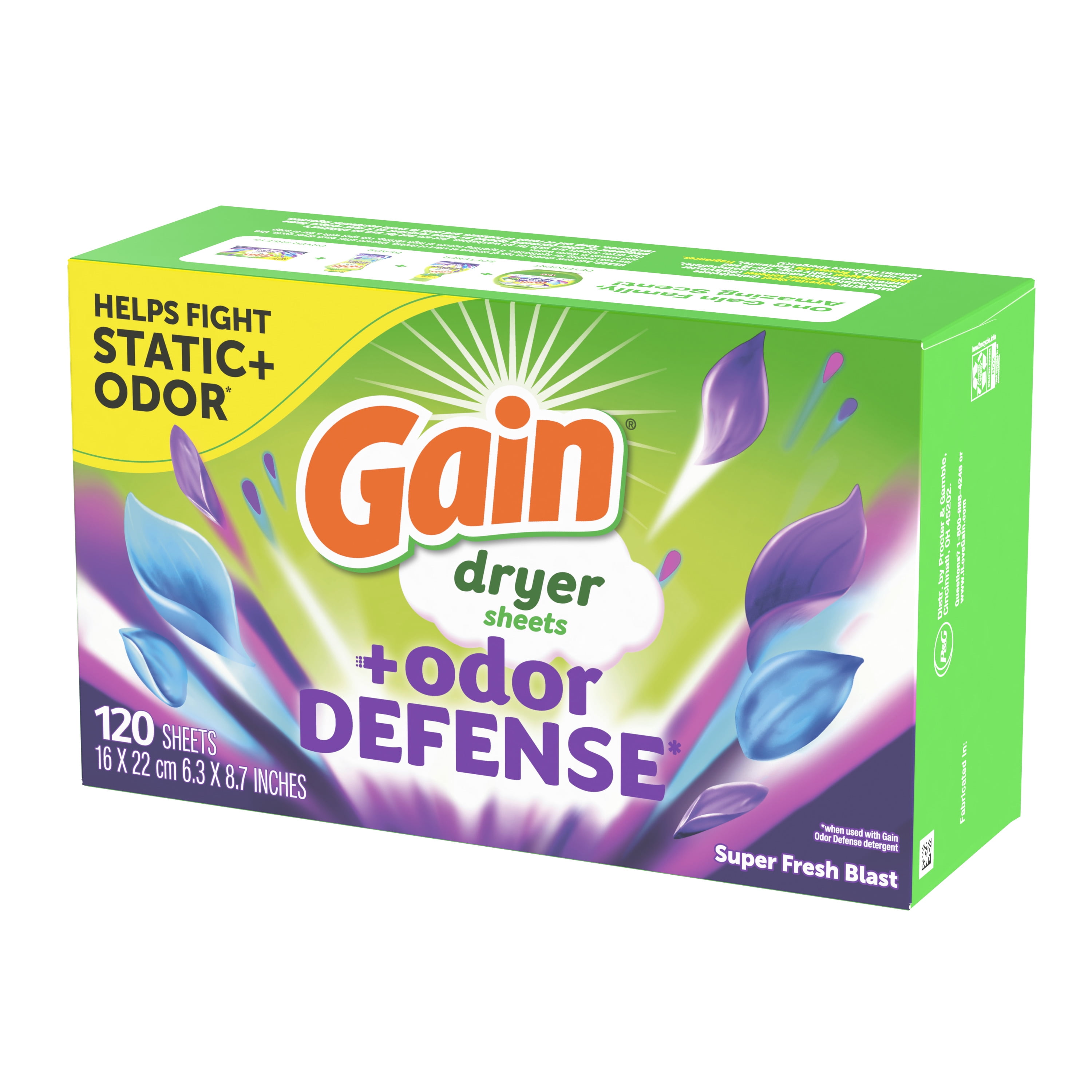 Gain Fabric Softener Dryer Sheets +Odor Defense, Super Fresh Blast Scent, 120 Count