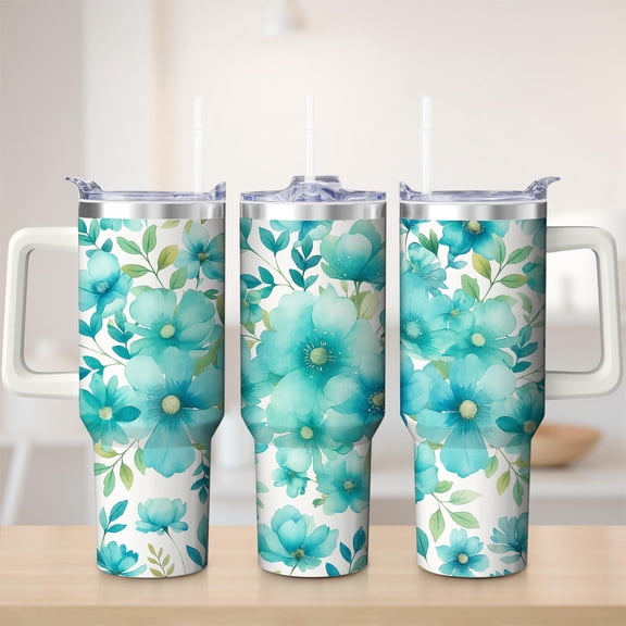 Teal Floral Stainless Steel Insulated Mug with Lid and Handle, 30oz