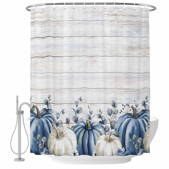 Blue Pumpkins Fall Shower Curtain, Waterproof Shower Curtains for Bathroom, Thanksgiving Eucalyptus Leaves Vintage Washable Fabric Bathtub Curtain Set Bath Decor with 12 Hooks Standard 72"x72"