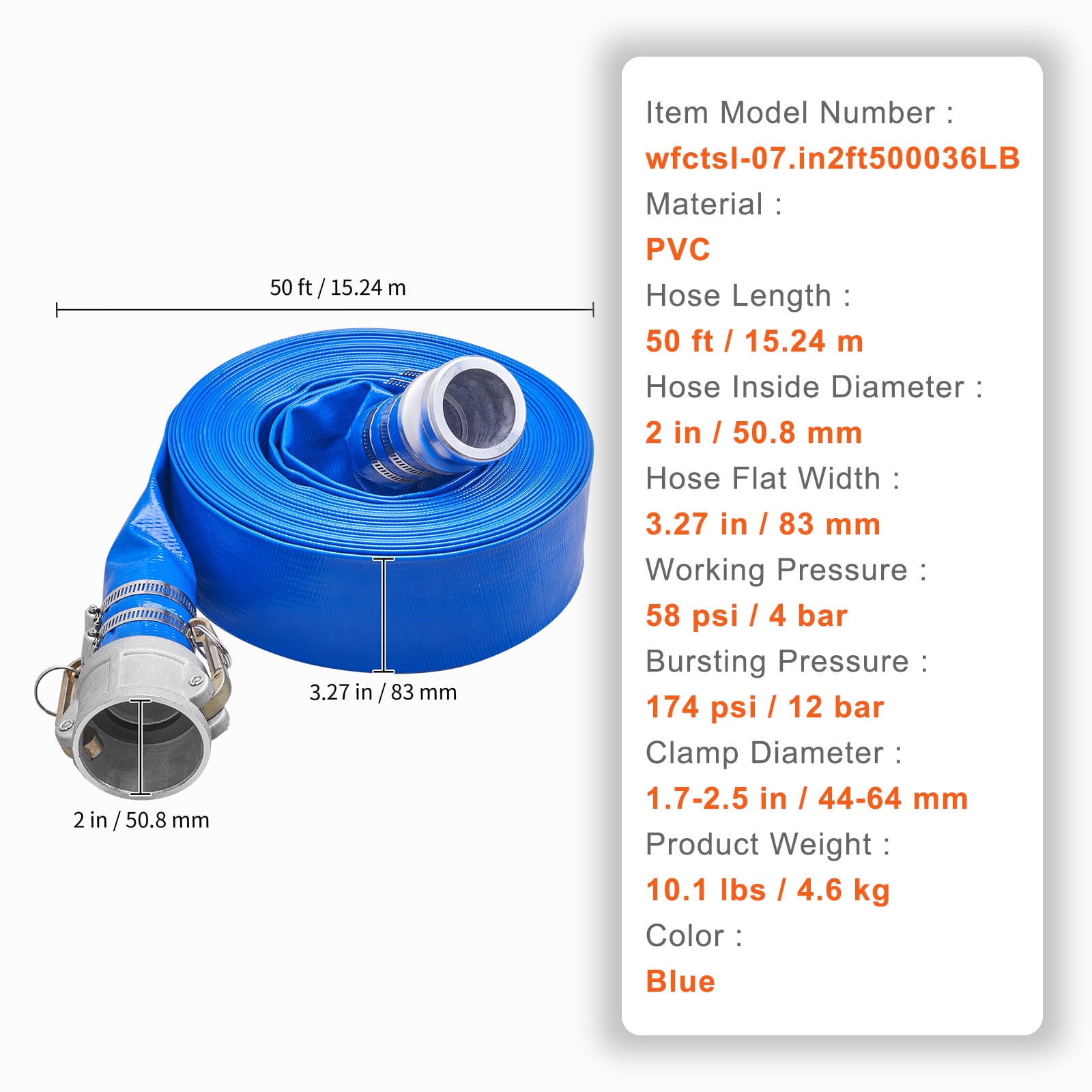 KFFKFF Swimming Pool Discharge Hose, 50 ft Length and 2 inch Diameter, Made of Robust PVC, Comes with Aluminum Camlock C & E Fittings and Clamps, Suitable for Pumps and Sand Filters
