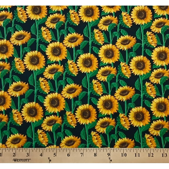 Cotton Novelty Sunflower Mix Landscape Flowers Floral Plants Leaves Nature Yellow Mook Fabrics Cotton Fabric Print by the Yard (136633)